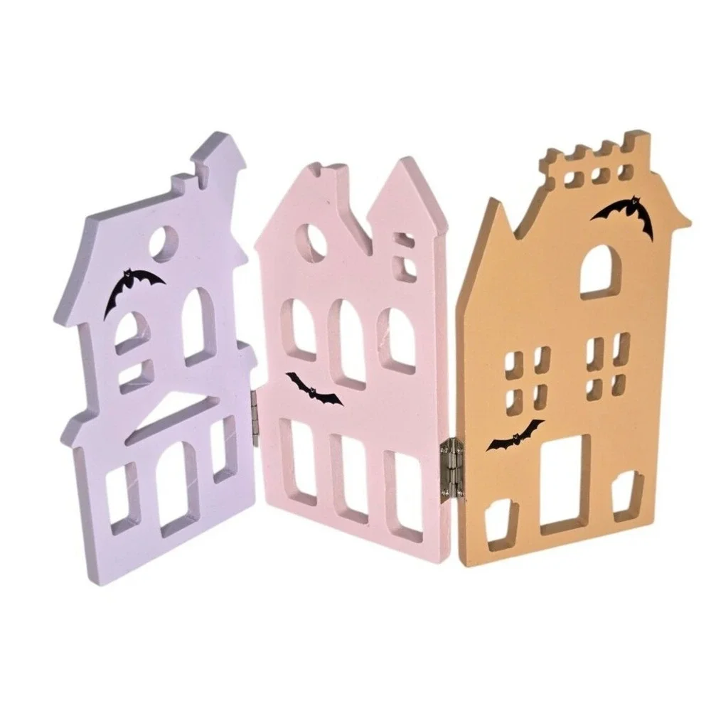 Pastel‎ Wooden Haunted Halloween House Bats Trio Tabletop Mantel Hinged Décor
